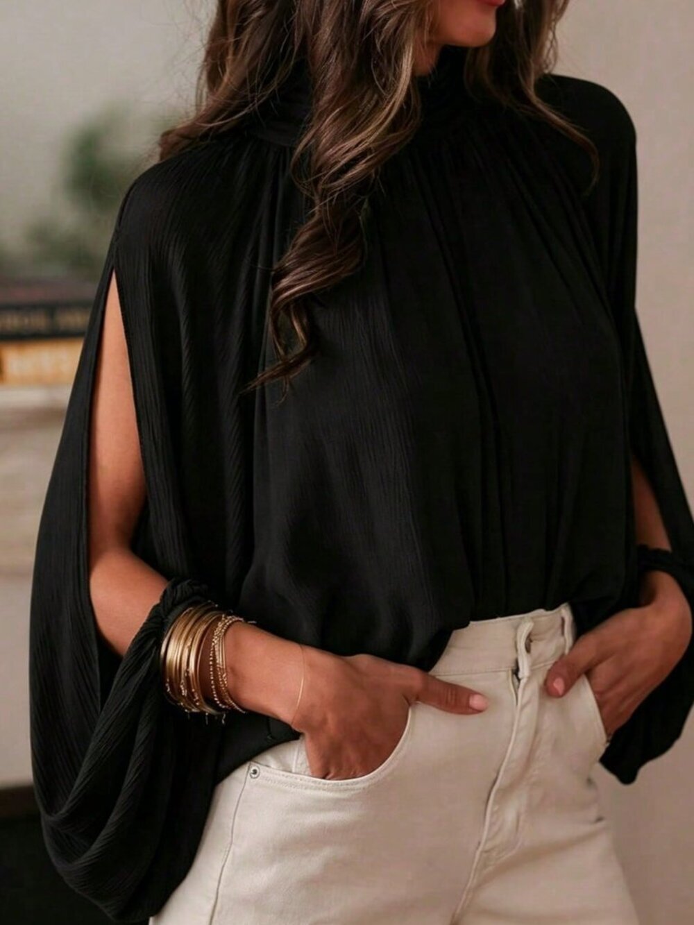 Black Elegant Women's Sexy Date Split Long Sleeve Top